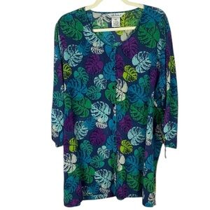 Ulla Popken 100% Cotton Leaf Print Tunic Top in Blue and Green Size 16/18
